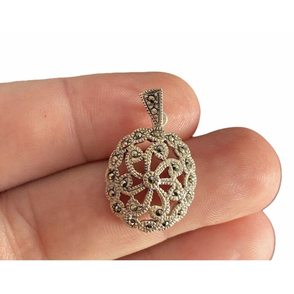 Charles Winston Sterling Silver Marcasite Pendant Dangle Oval Open Work